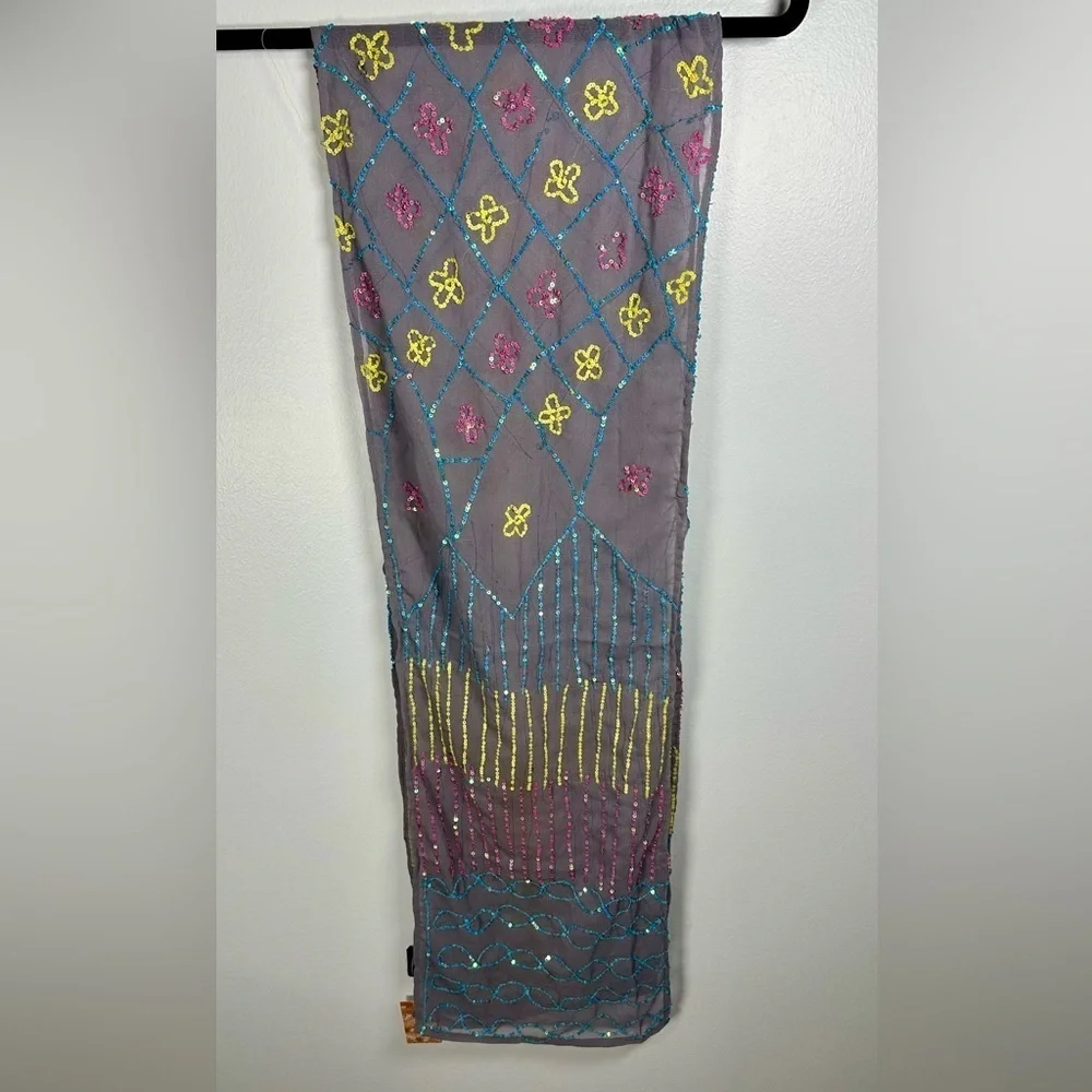 Raj Gray and Yellow Silk Scarf Sequins, 70” x 12”